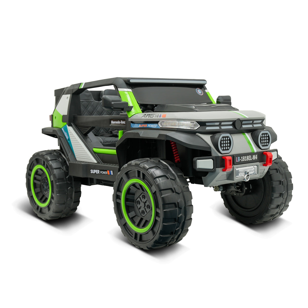 Toy off-road vehicle with grey and green accents on a white background