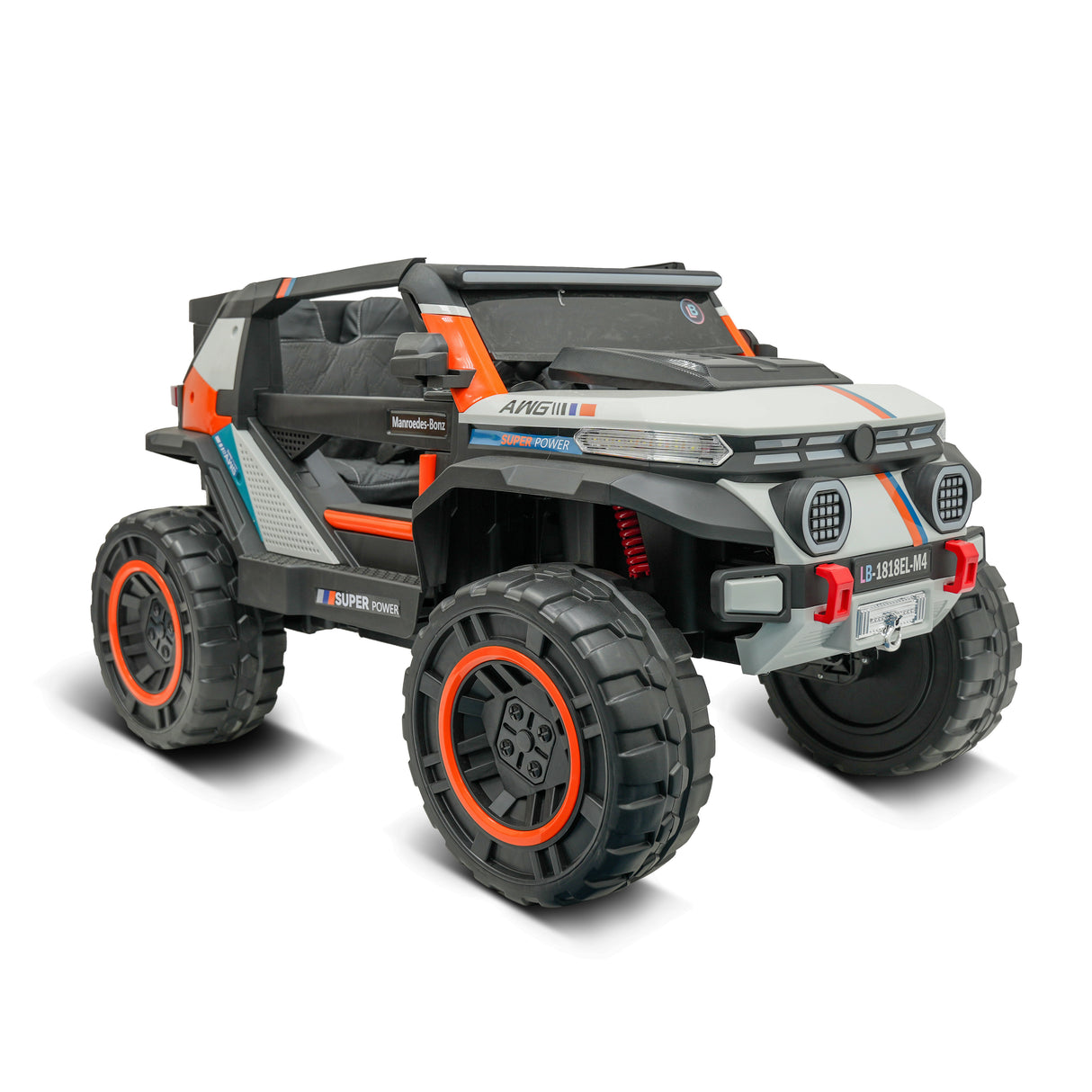 Toy off-road vehicle with large wheels on a white background
