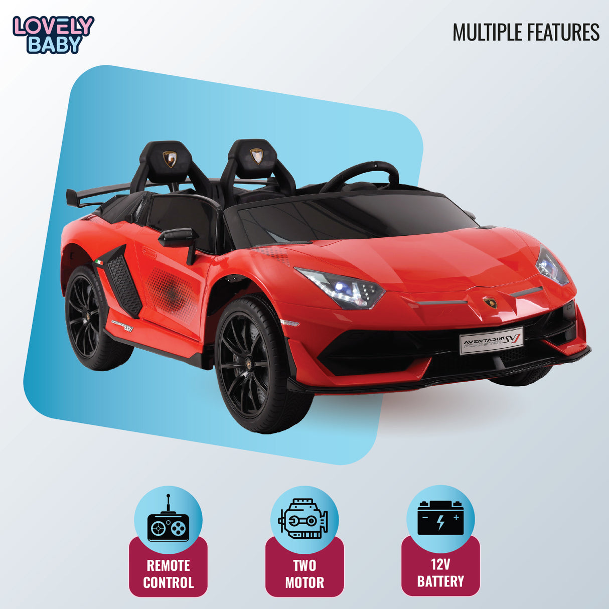 Red toy car with features listed on a light blue and white background