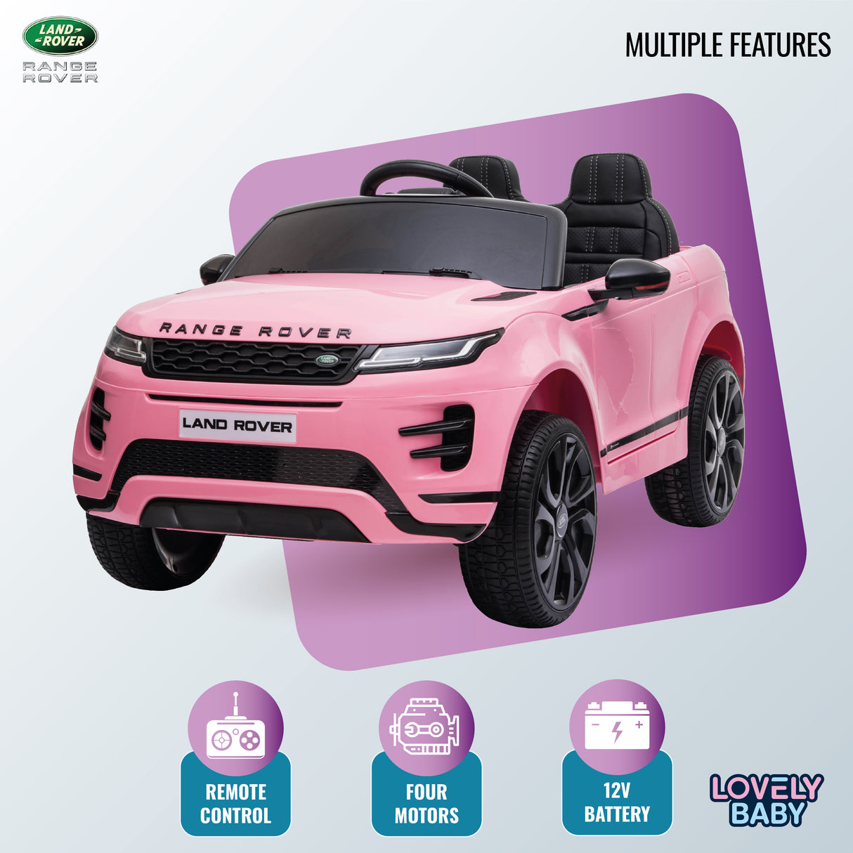 Pink toy Range Rover with Land Rover branding on a light gray background