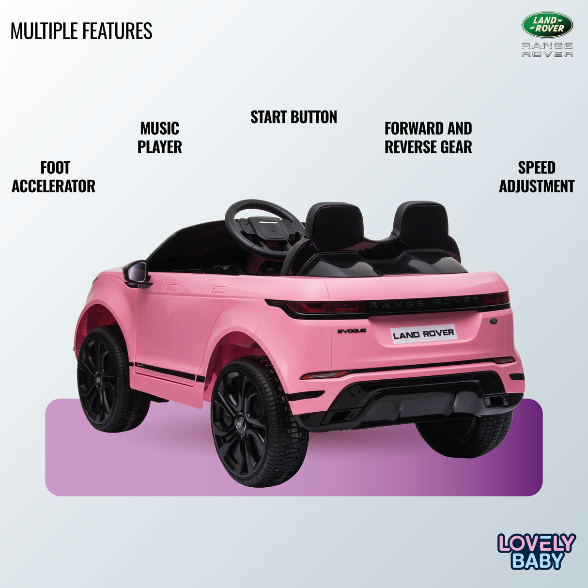 Pink toy car resembling a Land Rover with features listed on a light gray background.