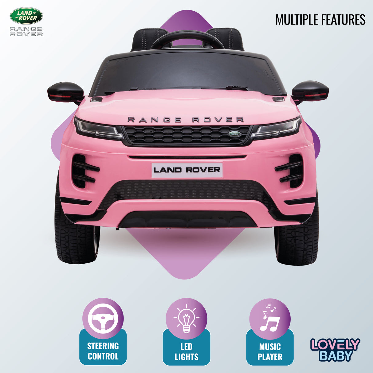 Pink toy Range Rover with Land Rover branding on a white background