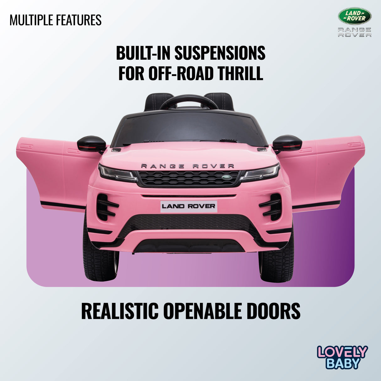 Pink toy Range Rover with text about features on a light purple background