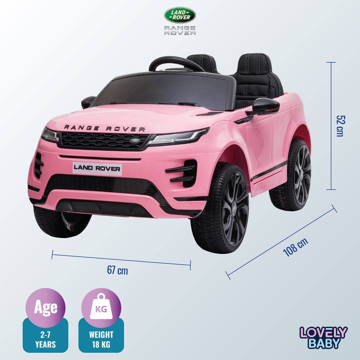 Pink toy Range Rover with dimensions and specifications on a light blue background