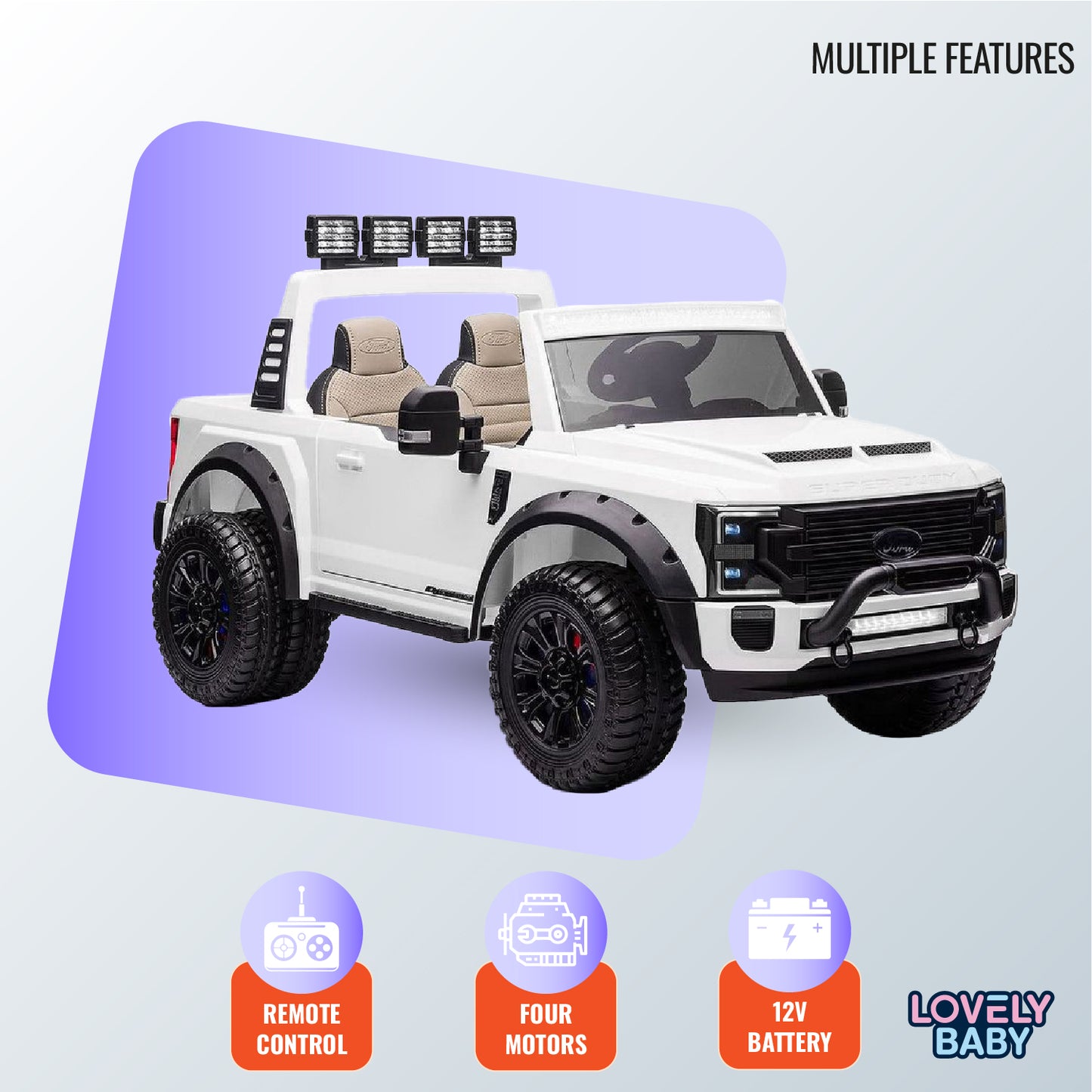 Toy truck with remote control, four motors, and 12V battery on a light blue background
