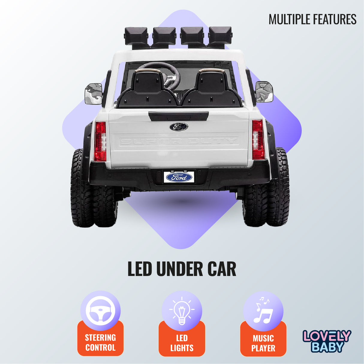 White toy truck with Ford logo on a light gray background, featuring LED under car, steering control, LED lights, and music player.
