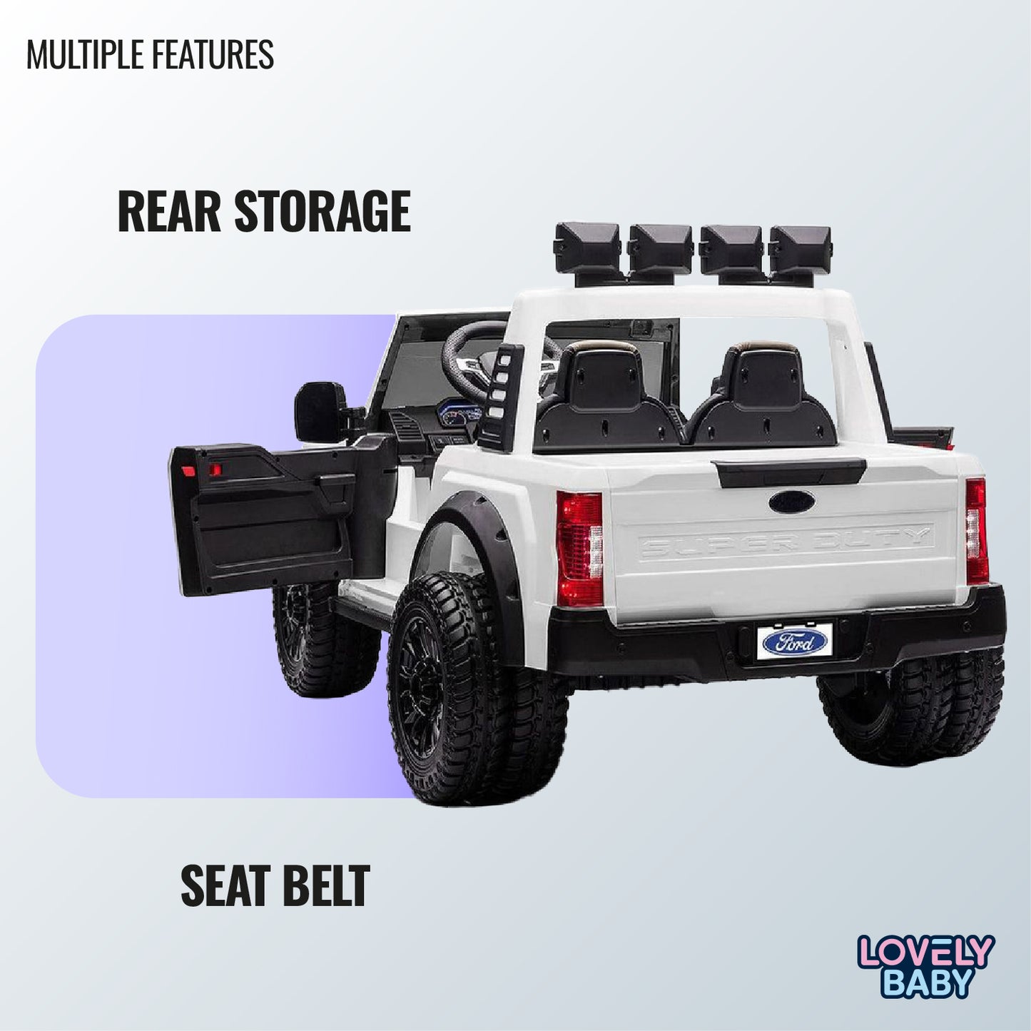Toy truck with open rear storage and seat belt, featuring 'Lovely Baby' branding.