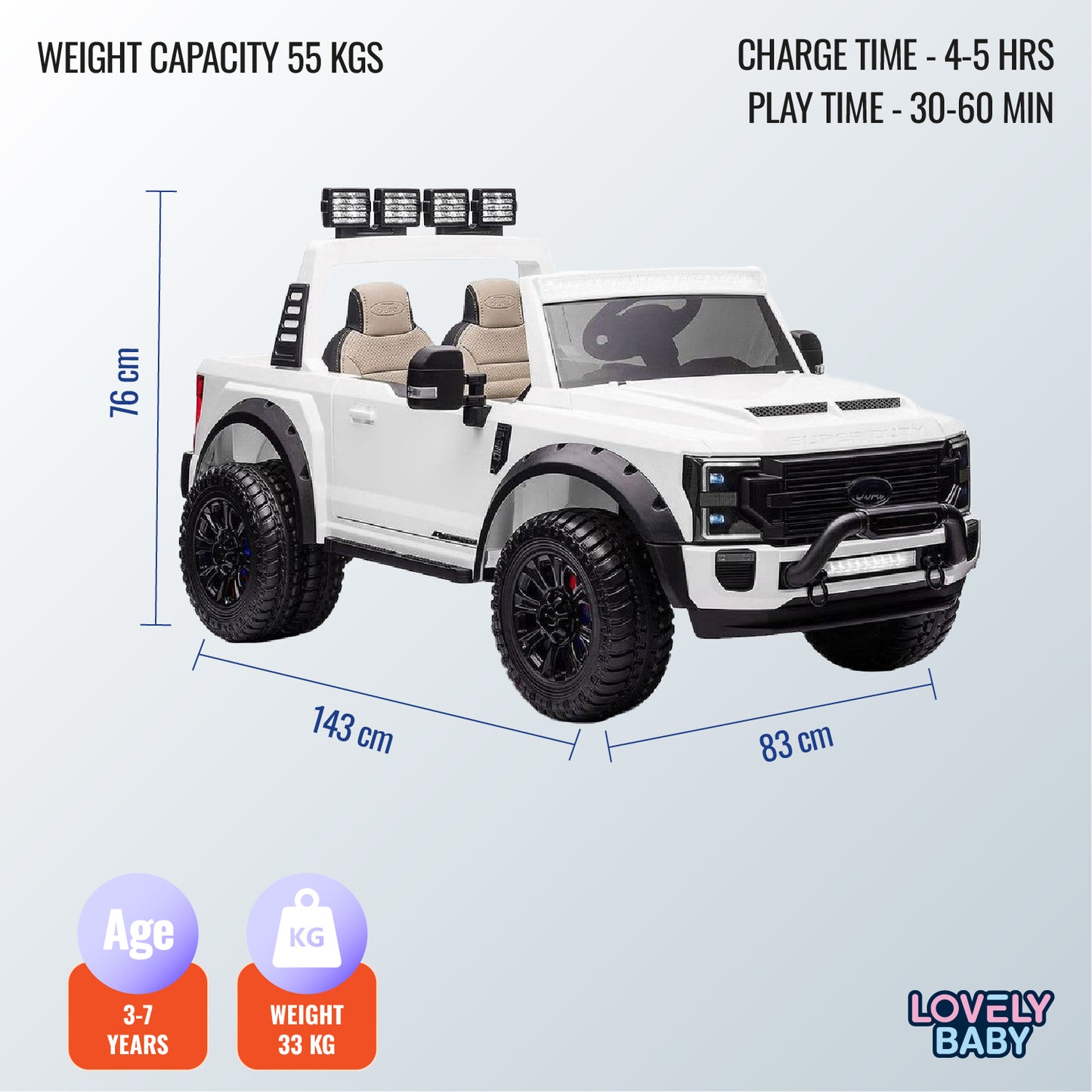 Children's toy truck with specifications on a light blue background