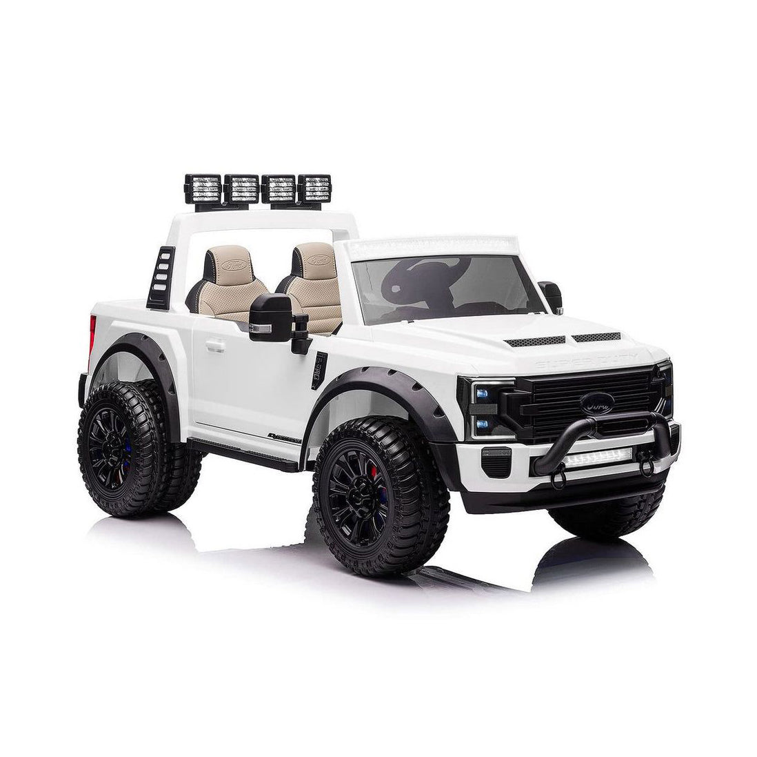 White toy truck with Ford logo and black wheels on a white background