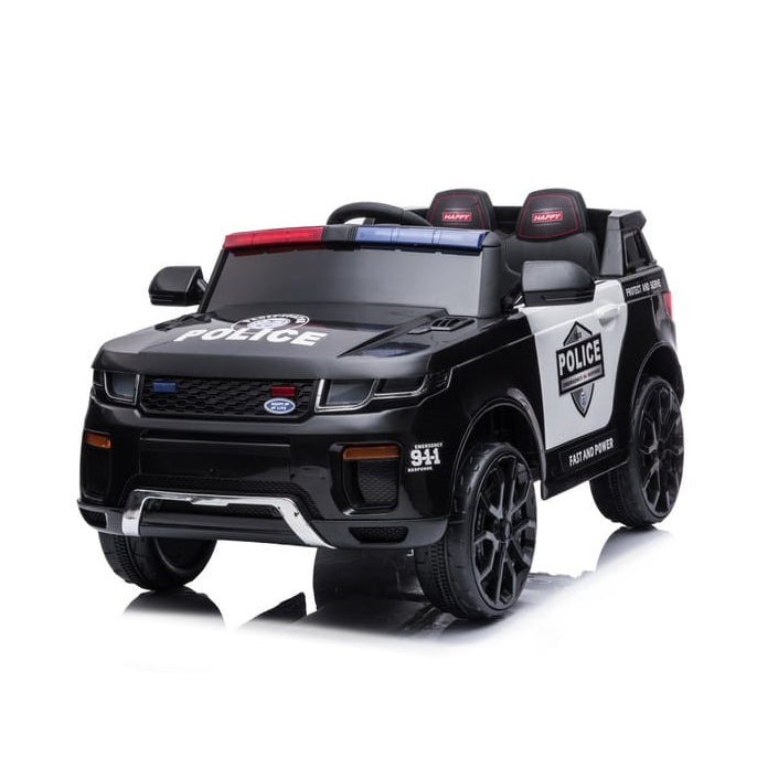 Black police toy car with white details on a white background