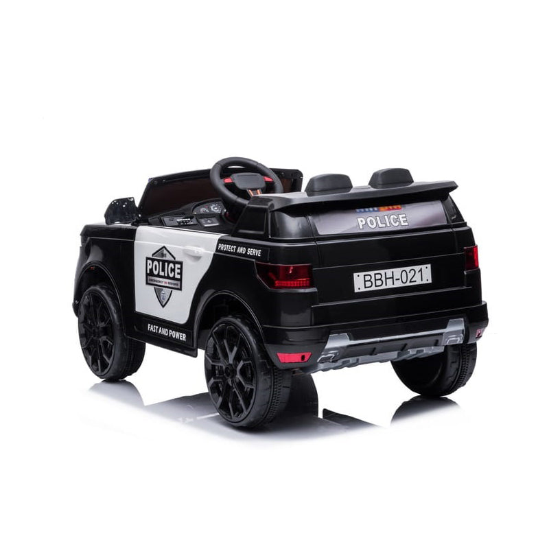 Black and white toy police car with visible branding on a white background