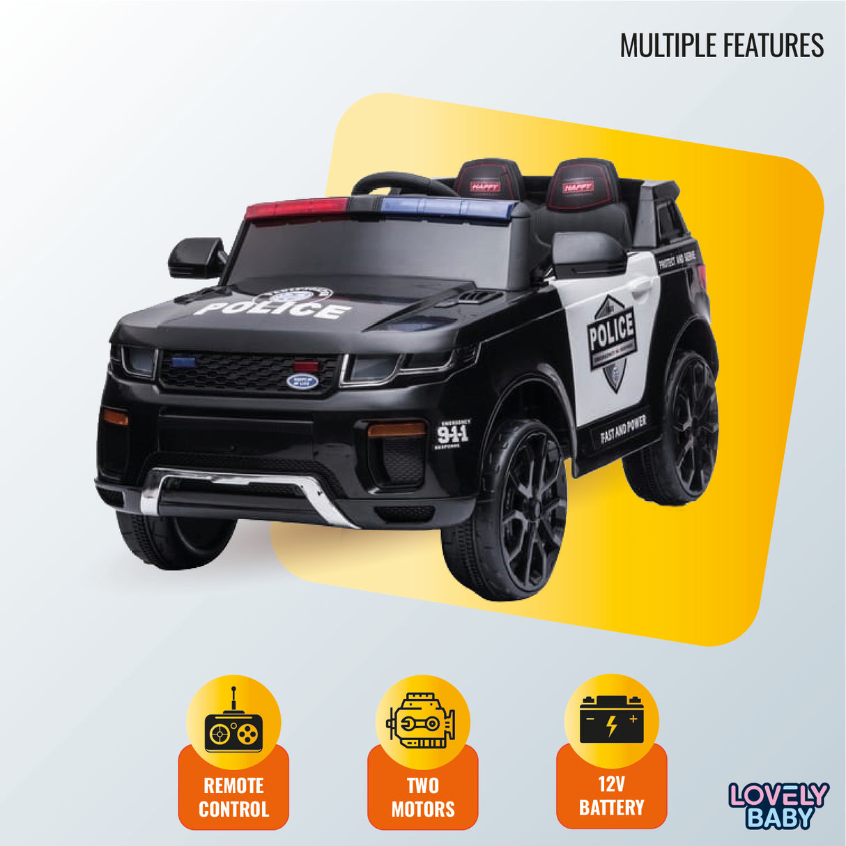 Toy police car with multiple features highlighted on a light gray background