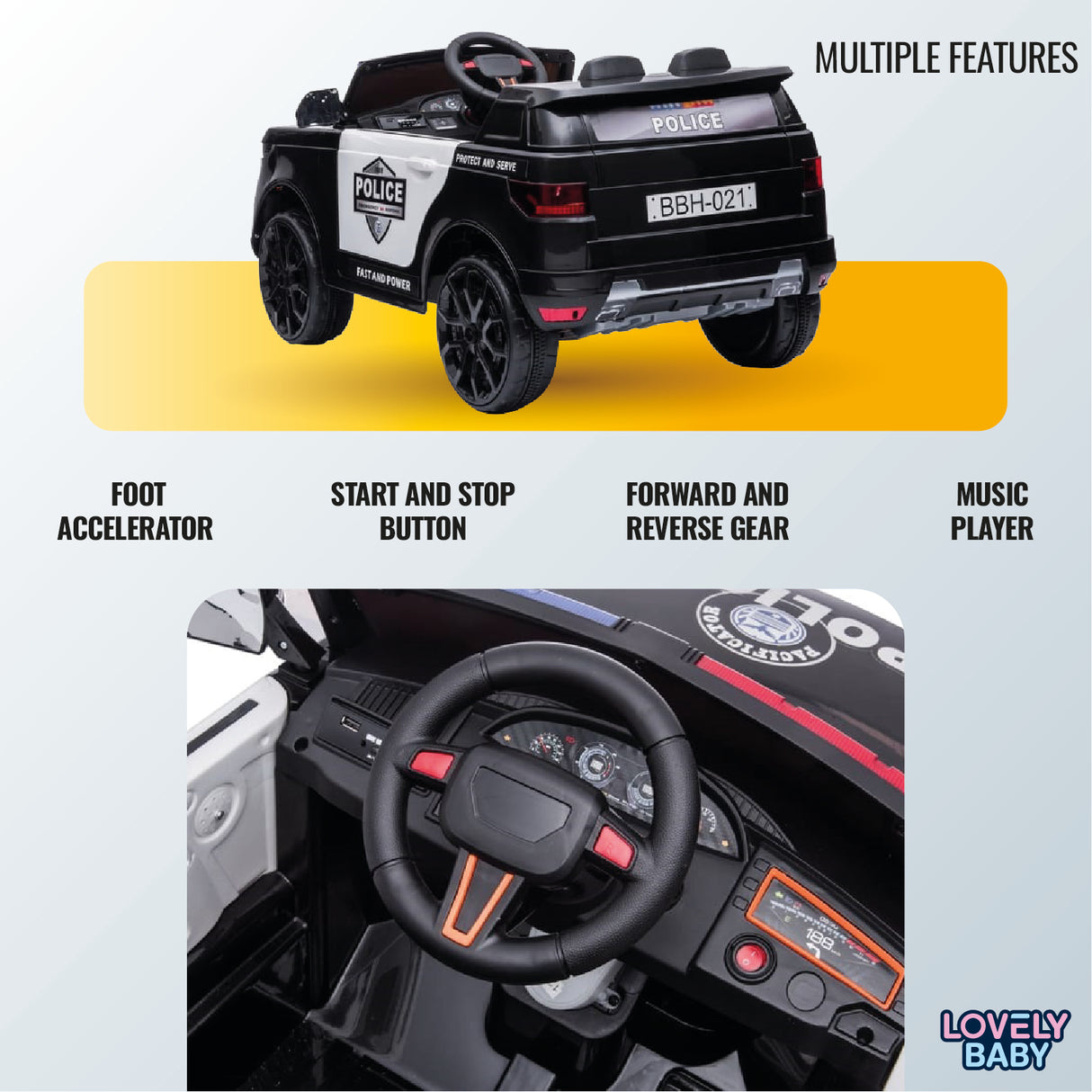 Children's toy police car with features listed on a white background