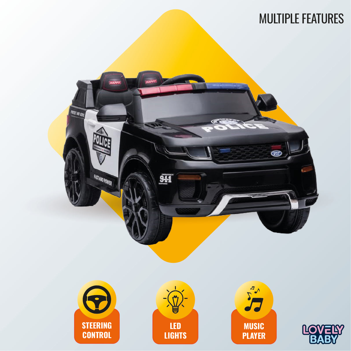 Toy police car with multiple features on a colorful background