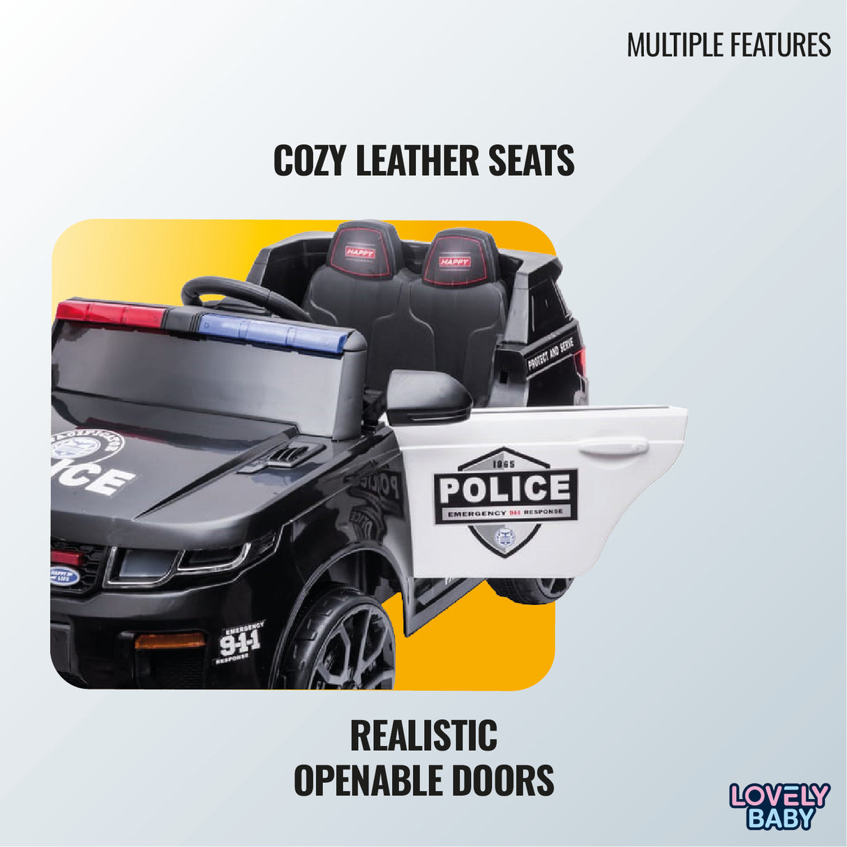 Toy police car with cozy leather seats and openable doors on a light blue background.