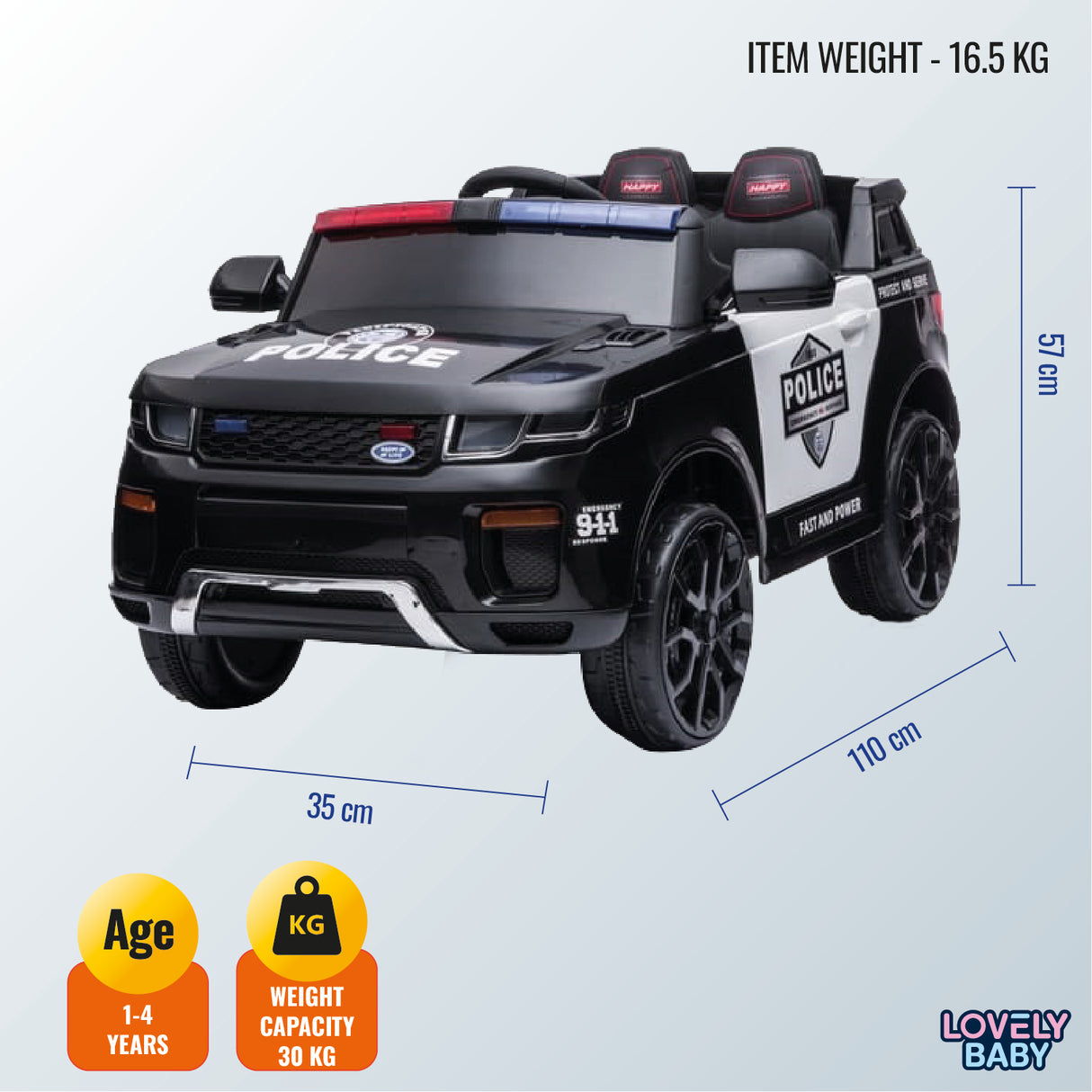 Children's toy police car with dimensions and weight information on a light blue background