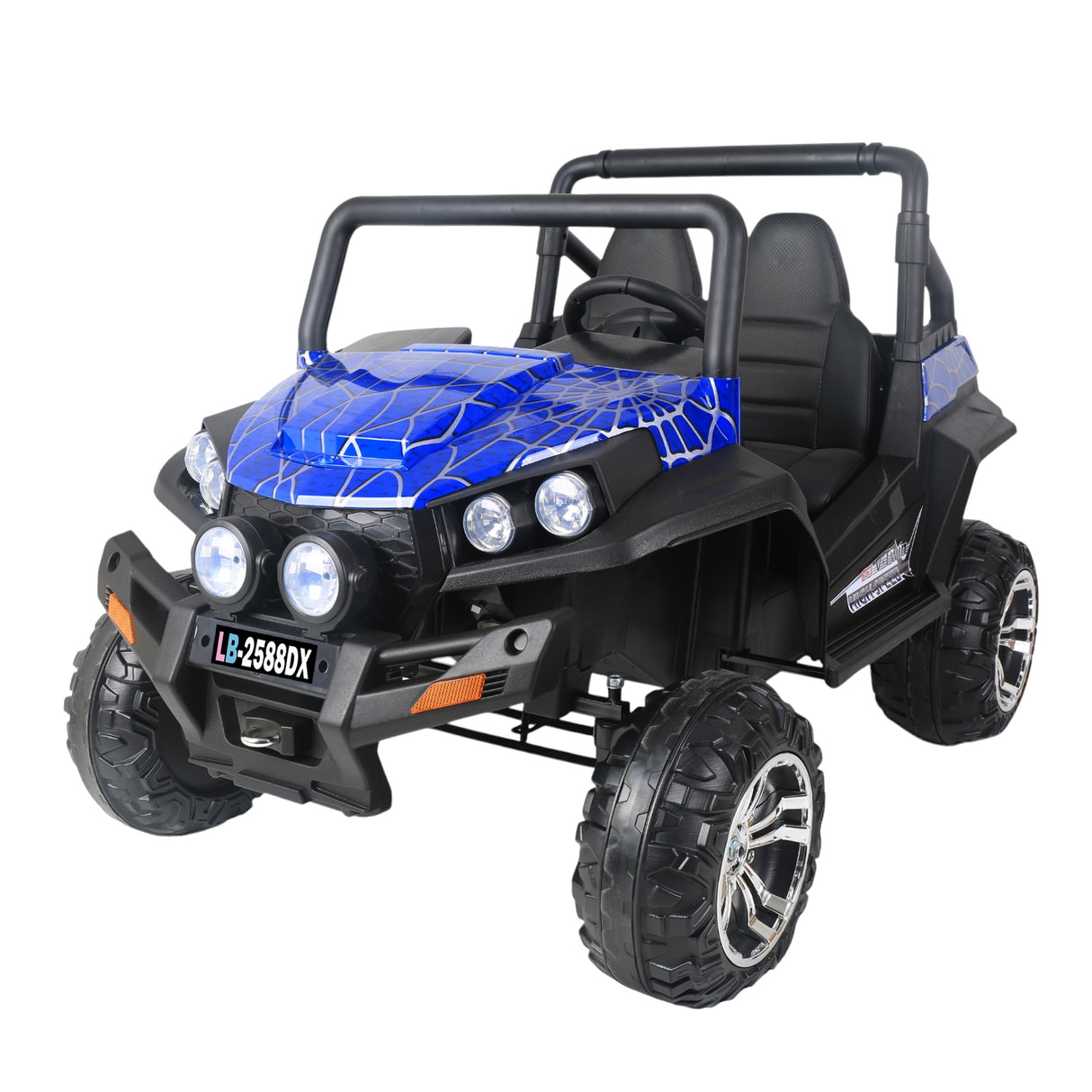 Children's toy off-road vehicle with blue design on a white background
