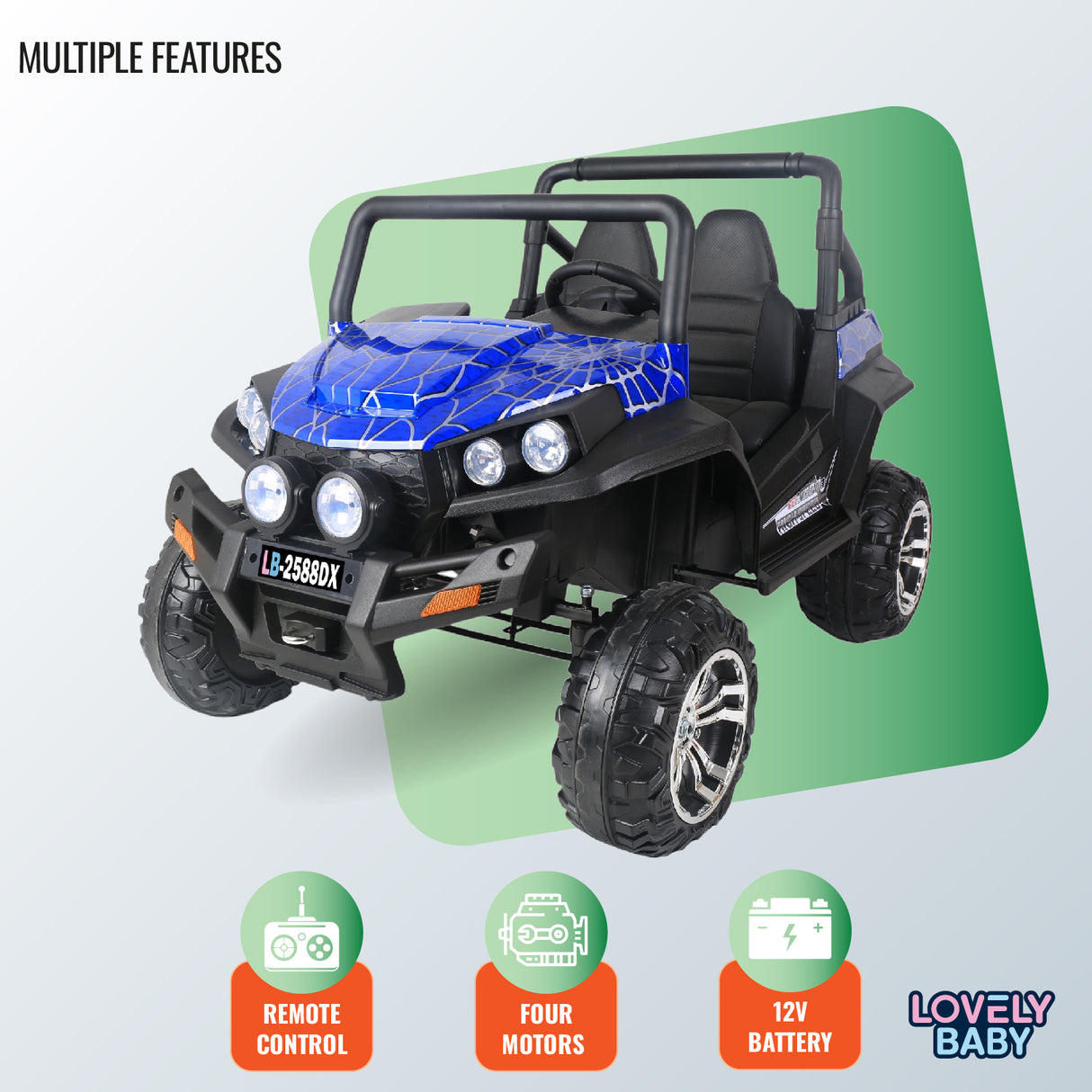 Toy off-road vehicle with remote control, four motors, and 12V battery on a green and white background.