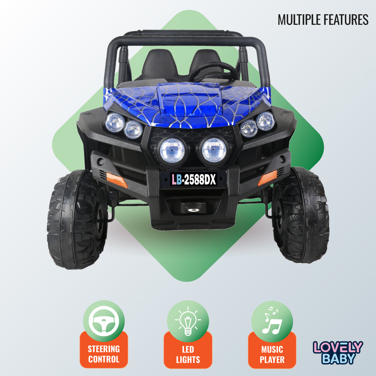 Toy off-road vehicle with blue roof and visible branding on a light gray background