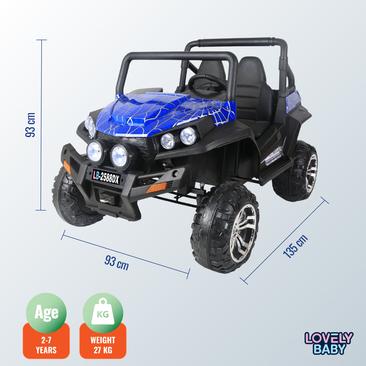 Children's toy off-road vehicle with dimensions and branding on a light gray background