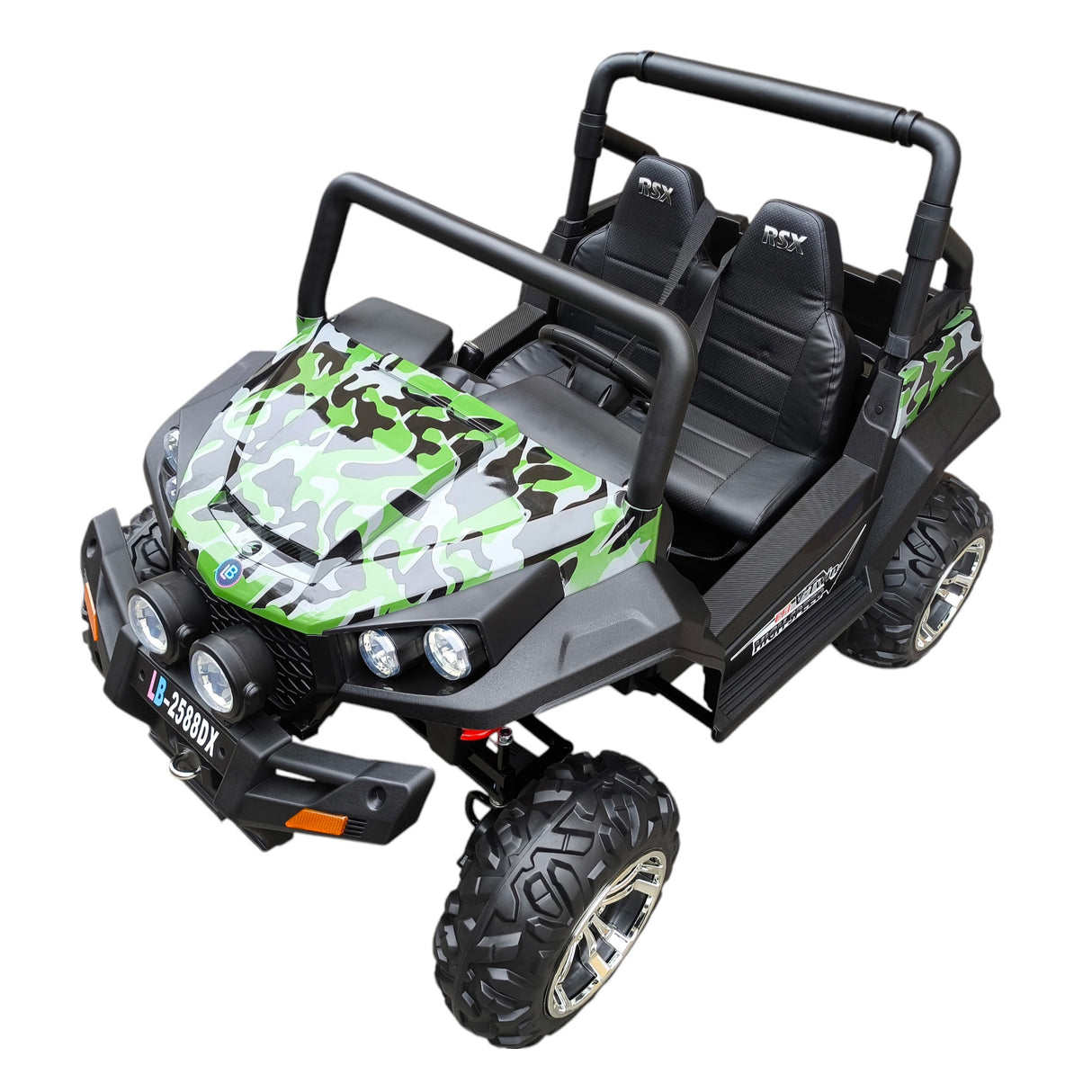 Children's toy off-road vehicle with green camouflage design on a white background