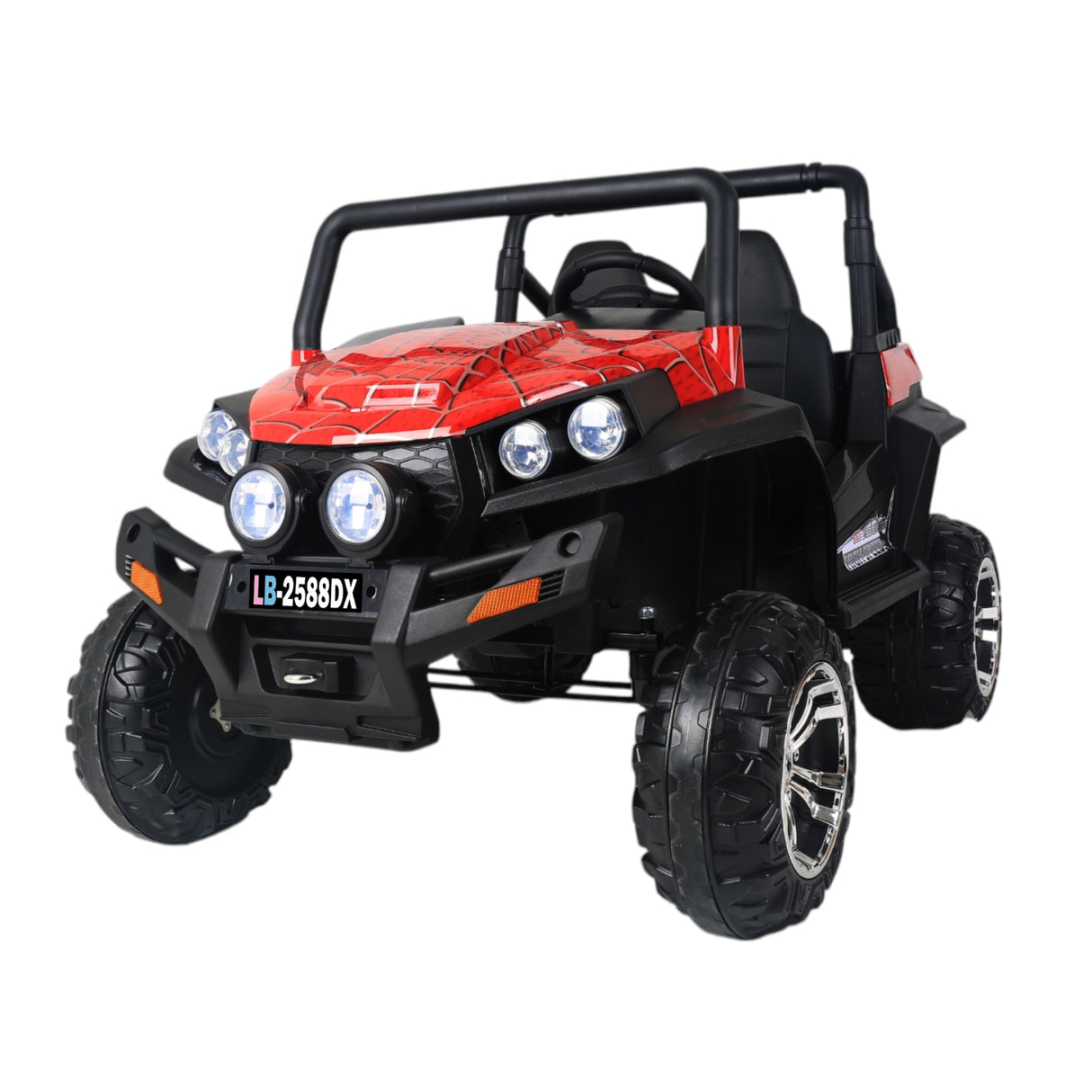 Red and black toy off-road vehicle on a white background