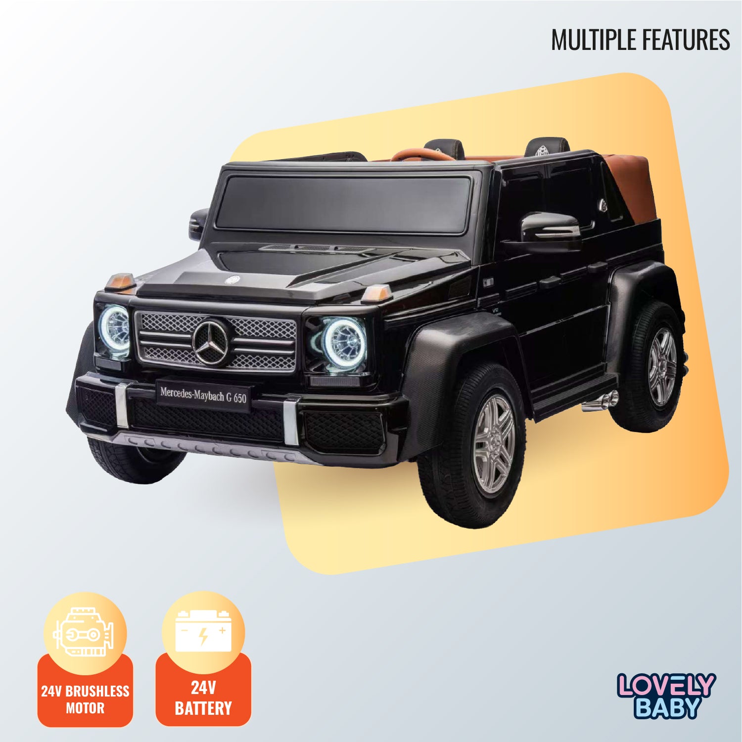 Black toy Mercedes-Benz G-Class vehicle with 'Lovely Baby' branding on a light gray background.