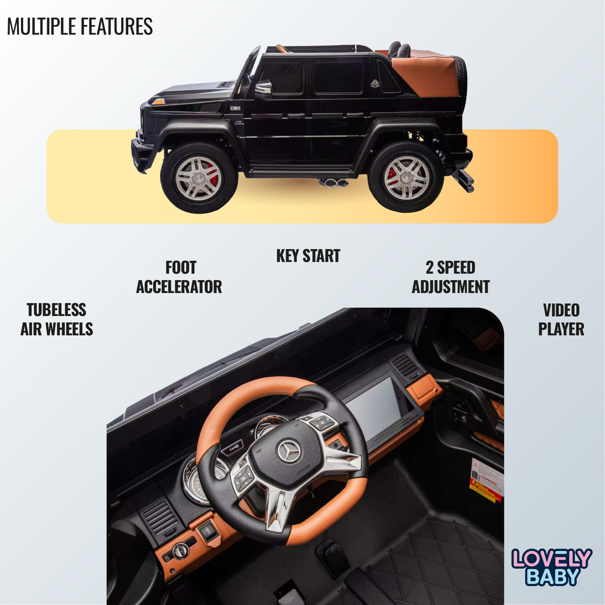 Toy car with features listed on a light blue background