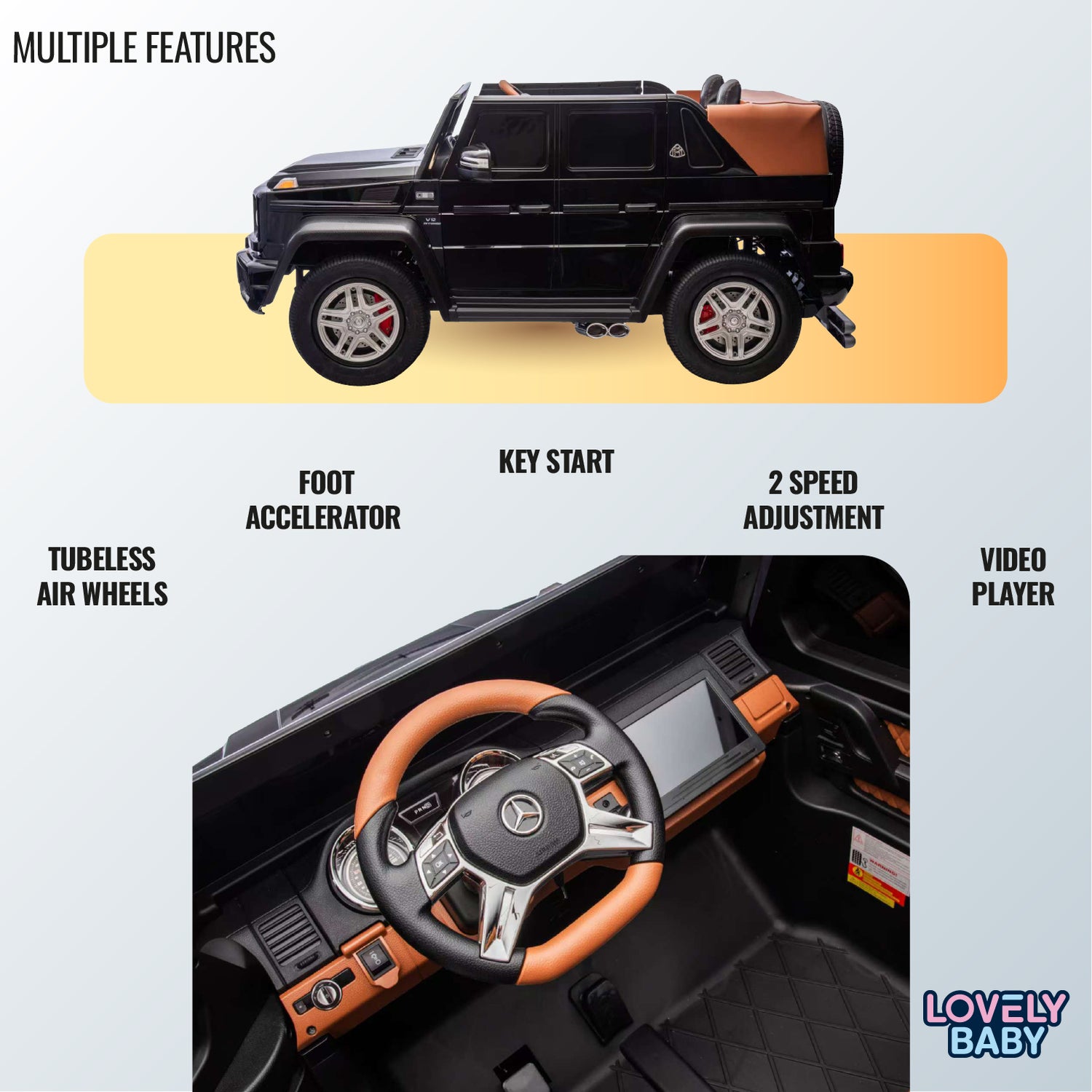 Toy car with features listed on a light blue background