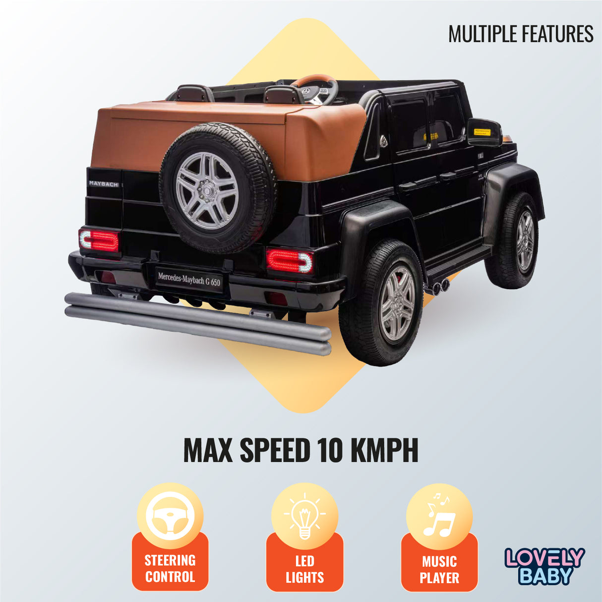 Toy car with brown roof and black body on a light gray background, featuring text about features and specifications.