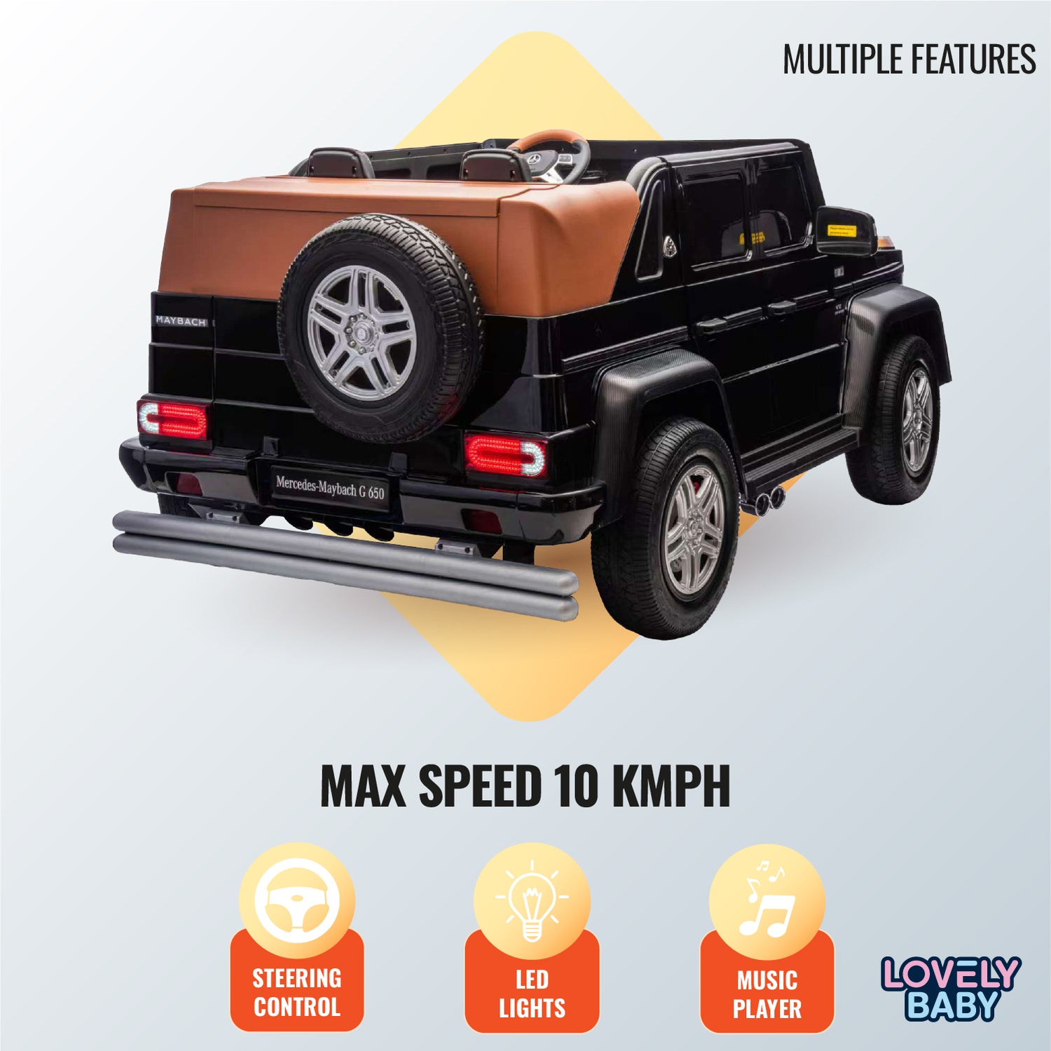 Toy car with brown roof and black body on a light gray background, featuring text about features and specifications.