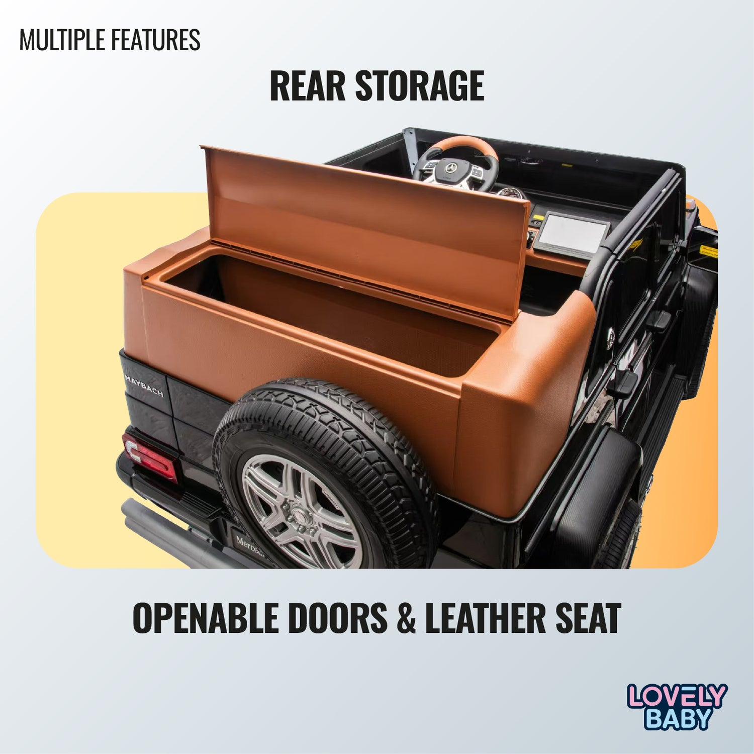 Toy car with openable doors and leather seat on a light blue background