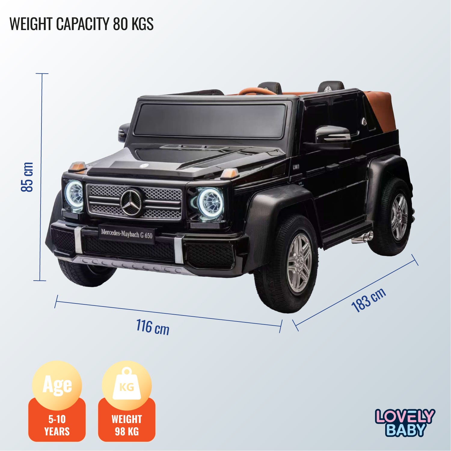 Black toy Mercedes-Benz G63 with dimensions and specifications on a light gray background