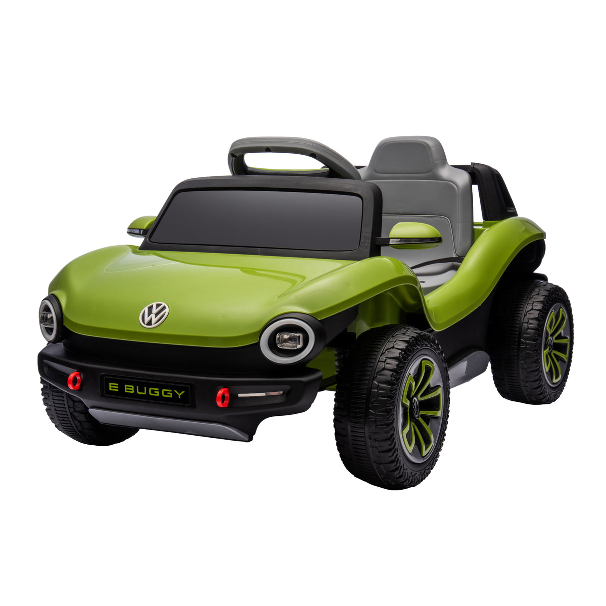 Green toy car with Volkswagen logo on a white background