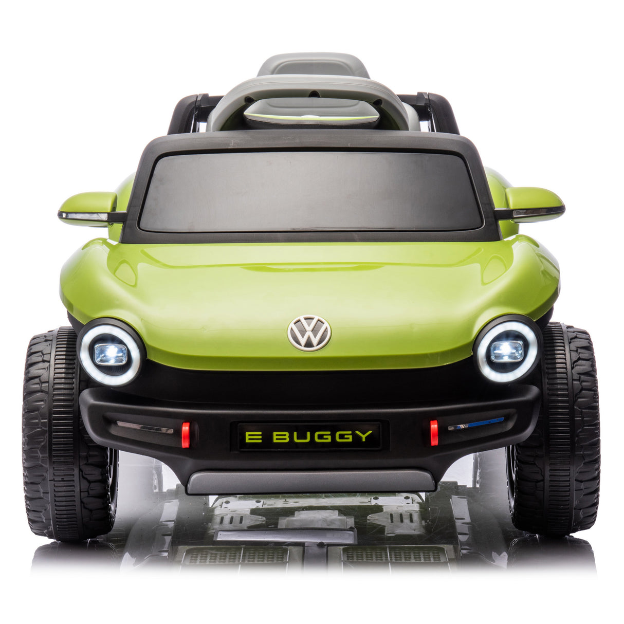 Green toy car with Volkswagen logo on a white background