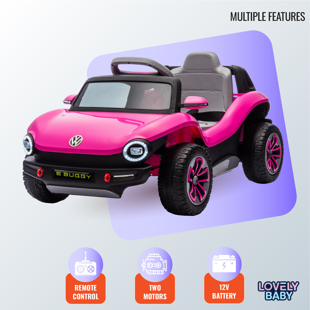 Pink toy car with features listed on a light gray background