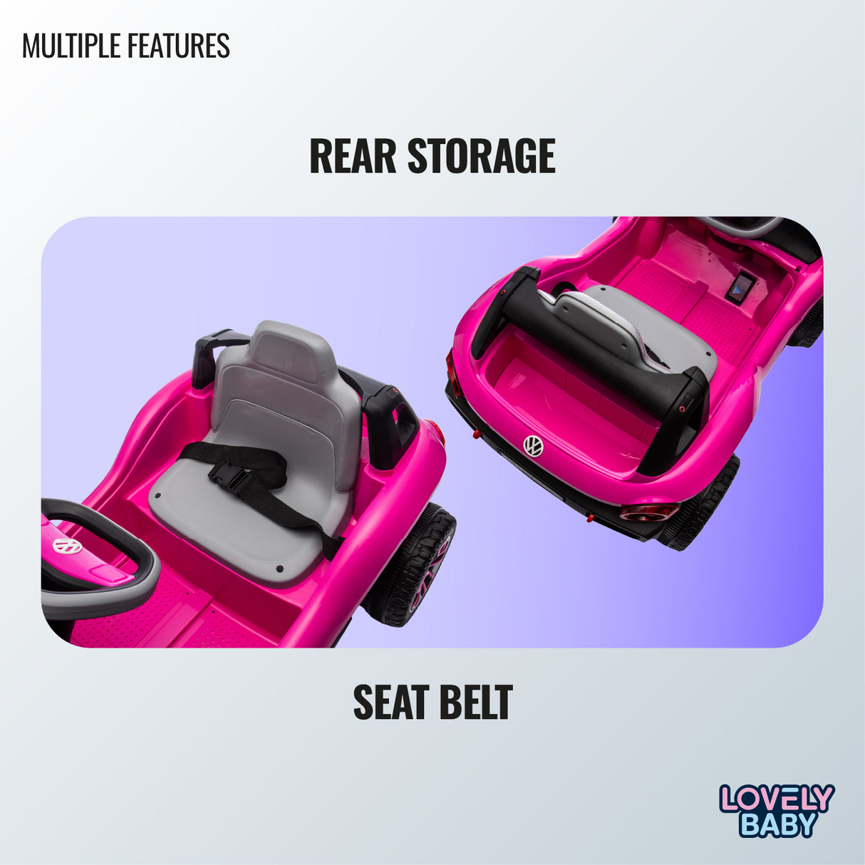 Pink toy car with rear storage and seat belt on a light purple background, featuring the 'Lovely Baby' brand.