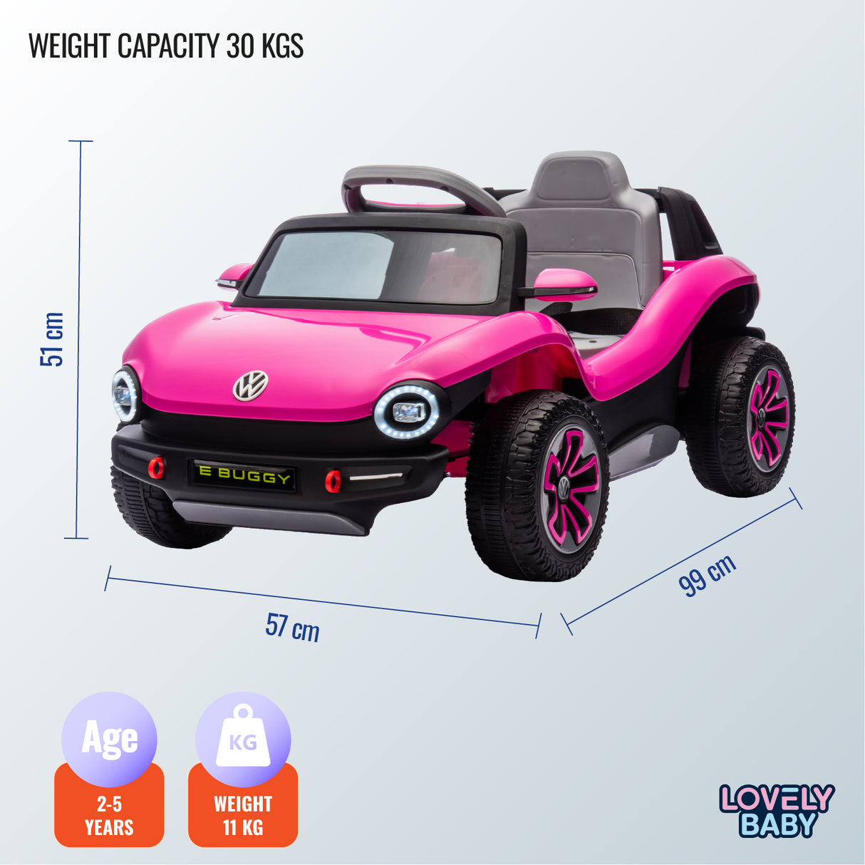 Pink and black children's electric car with dimensions and capacity details on a light gray background.