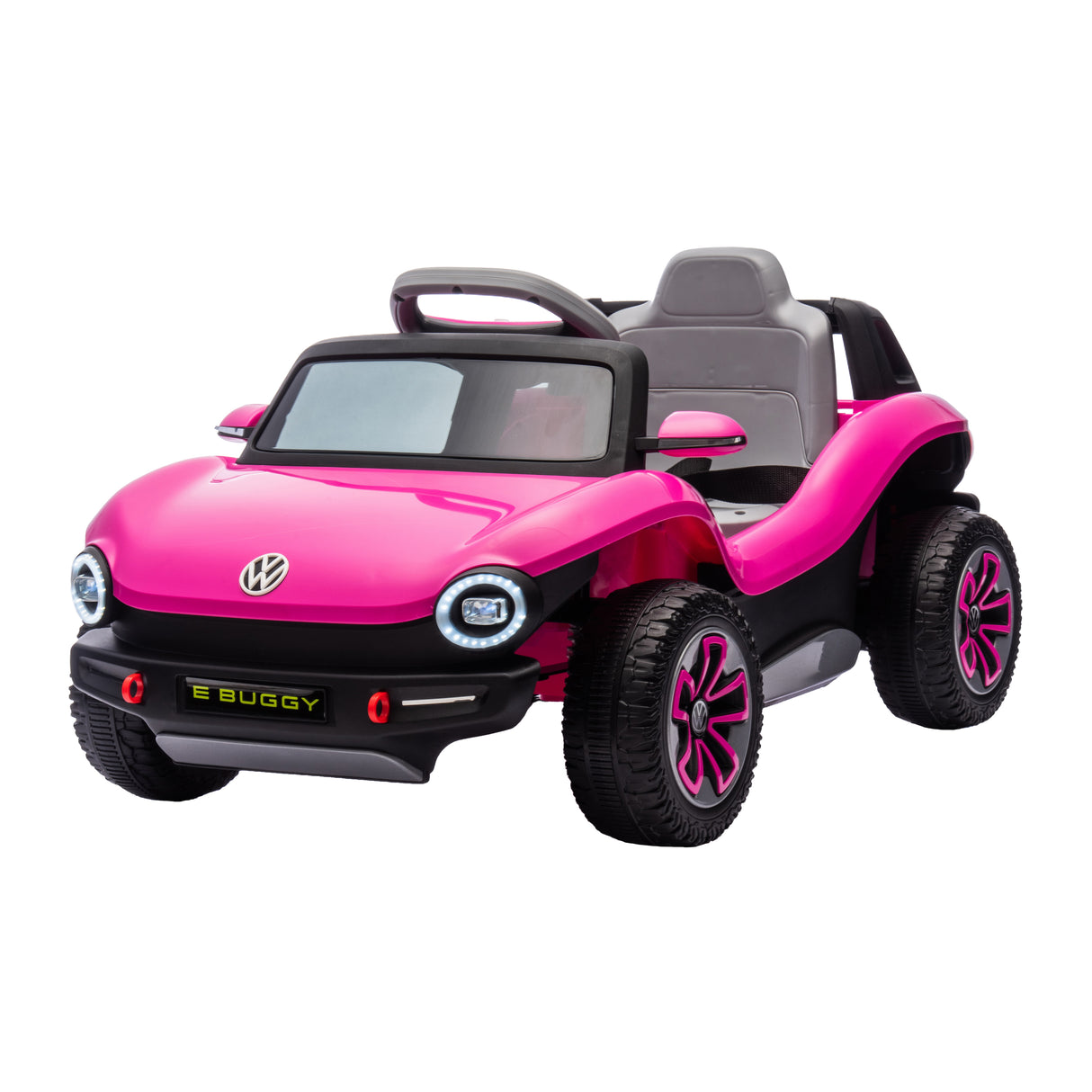 Pink and black toy car with Volkswagen logo on a white background
