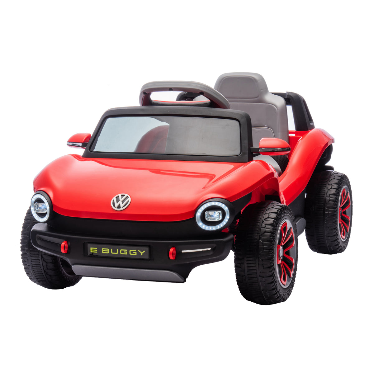 Red toy buggy with black details on a white background
