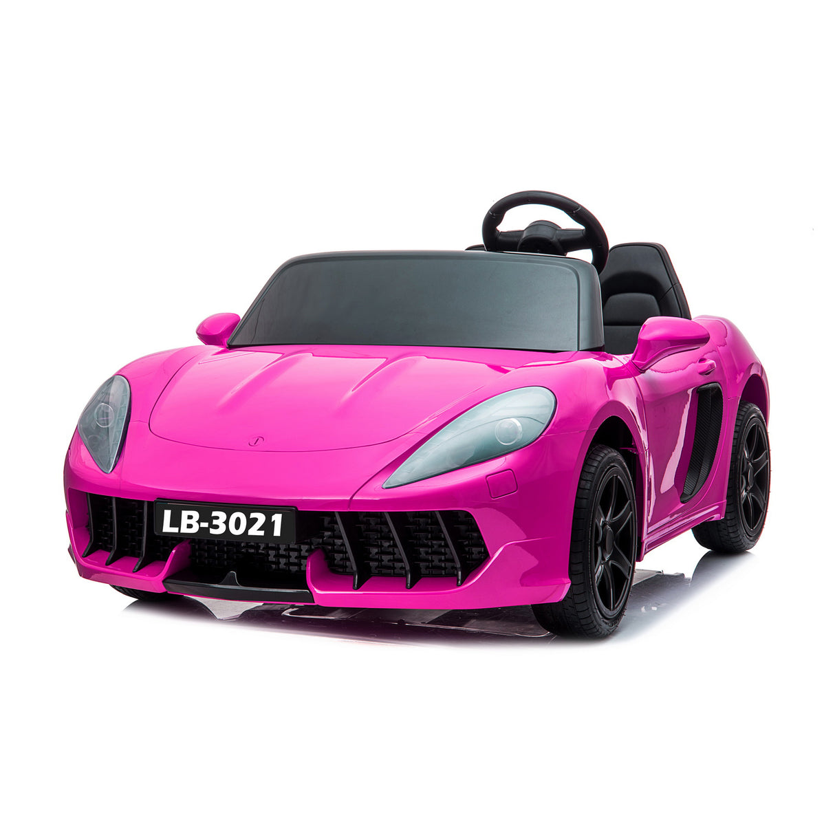 Pink toy sports car with black wheels on a white background