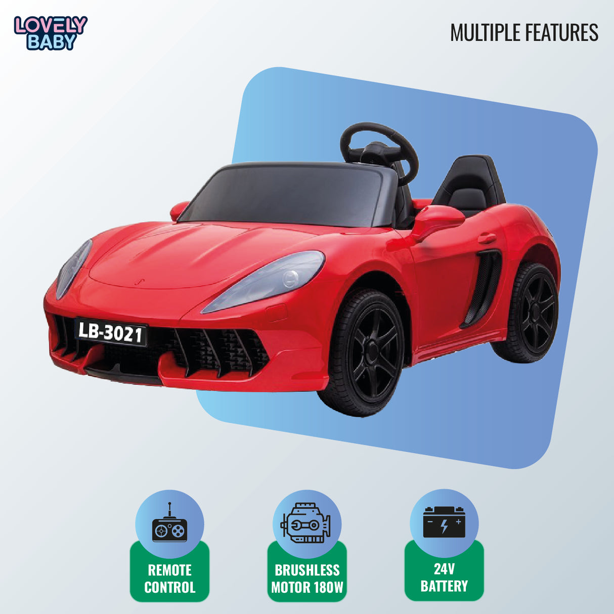 Red toy car with features listed on a light blue background