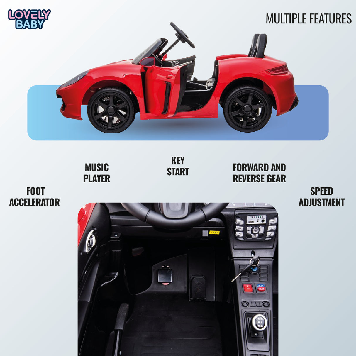 Red toy car with features listed on a light blue background, brand 'Lovely Baby' visible.