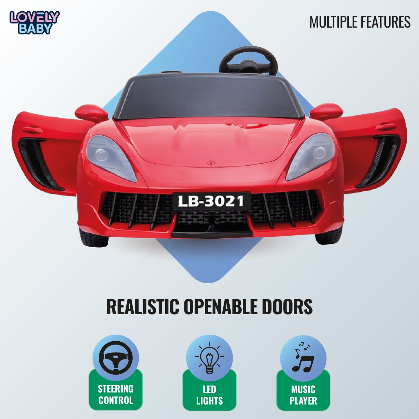 Red toy car with openable doors on a light blue background, featuring the brand 'Lovely Baby'.