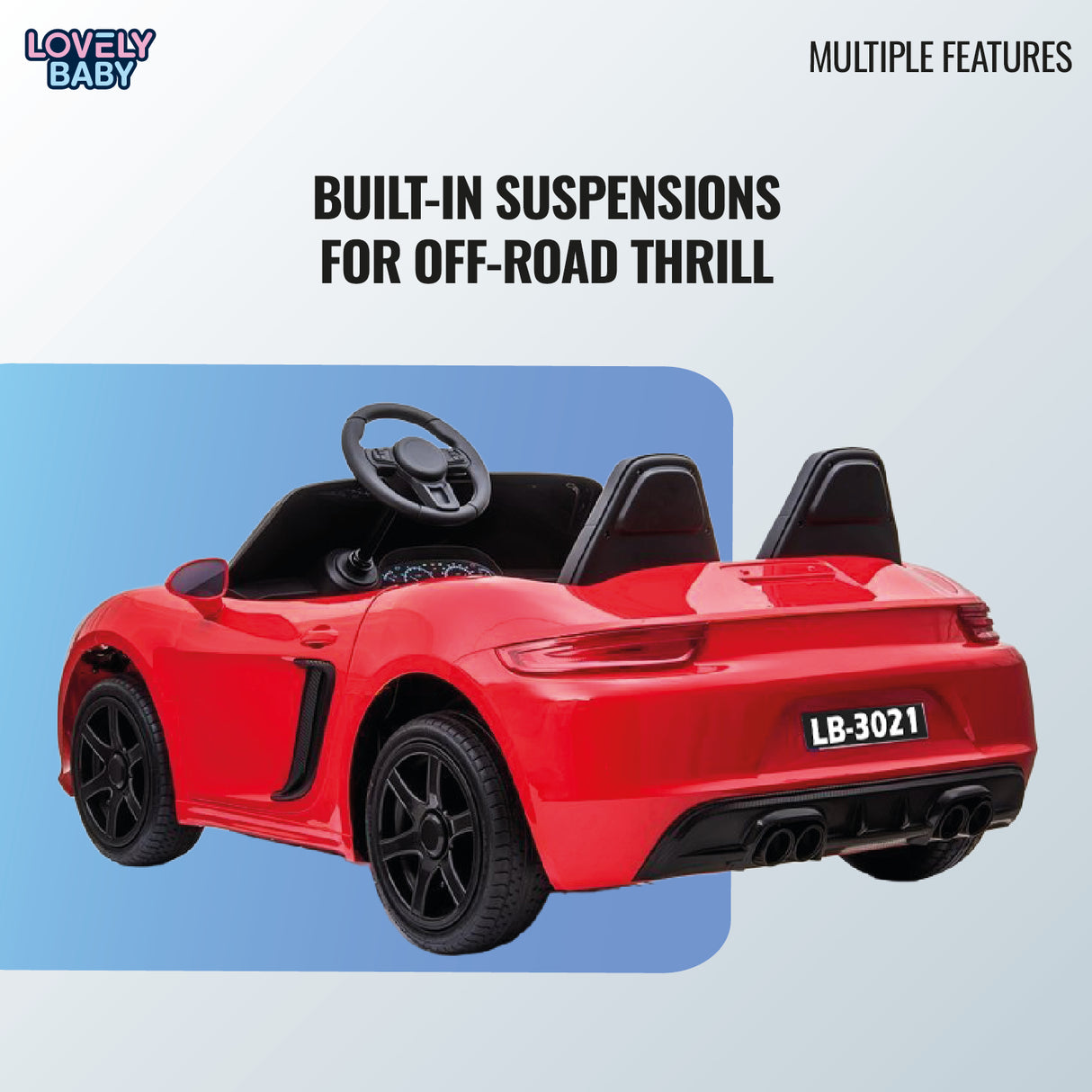 Red toy car with black wheels on a light blue background, featuring text about built-in suspensions.