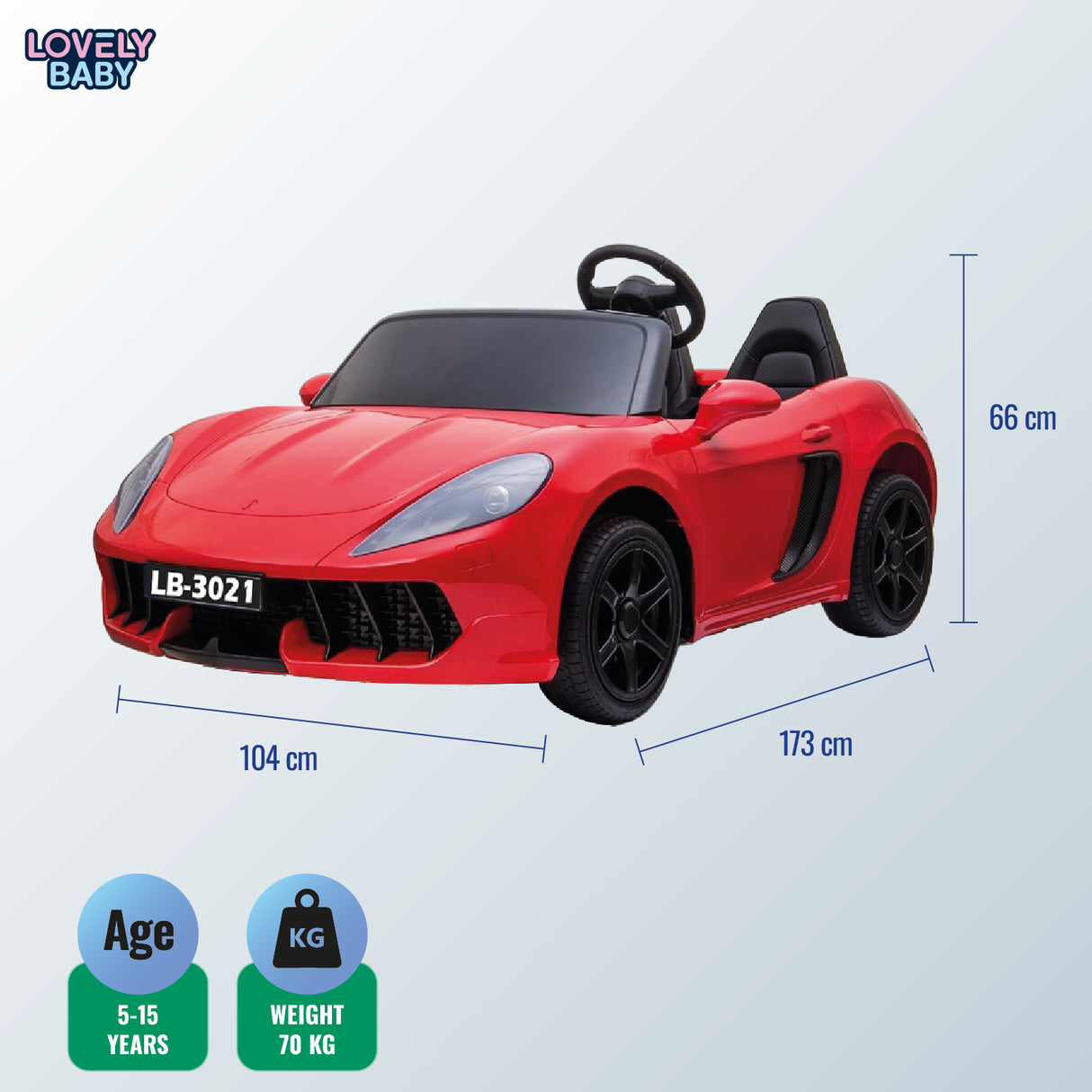 Red toy car with dimensions and specifications on a light blue background