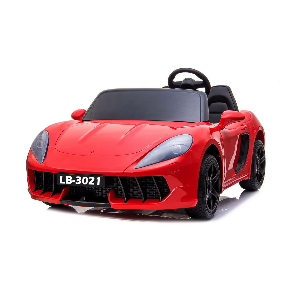 Red toy sports car with black wheels on a white background