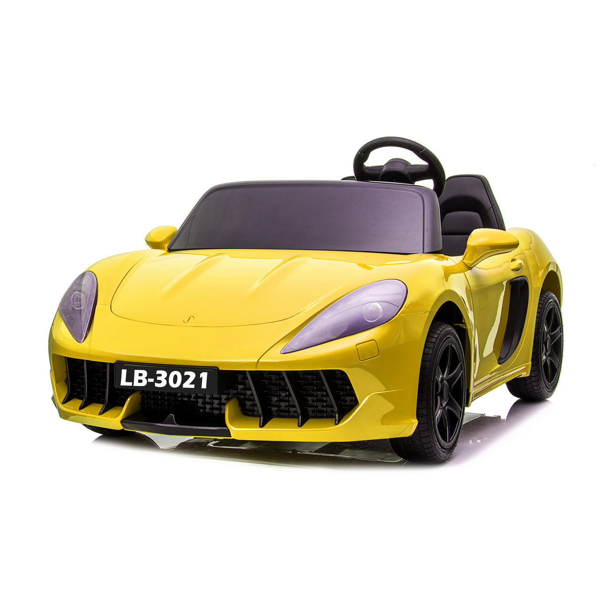 Yellow sports toy car with a license plate on a white background