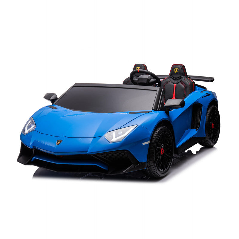A blue Lamborghini SVJ 2-Seater Ride-On Car for kids with black wheels and leather seats.