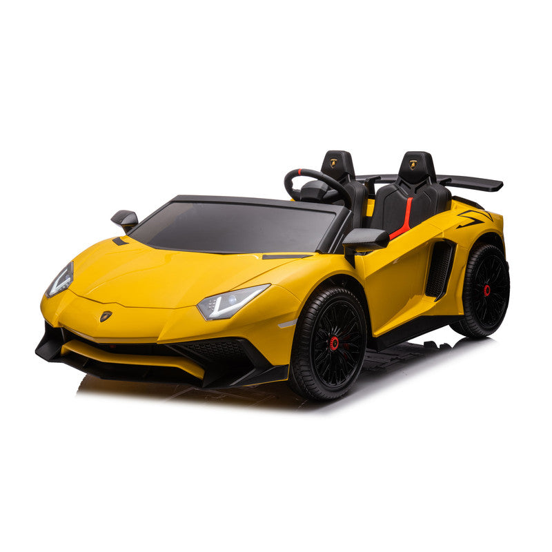 A yellow Lamborghini SVJ 2-Seater Ride-On Car for kids with black wheels and leather seats.